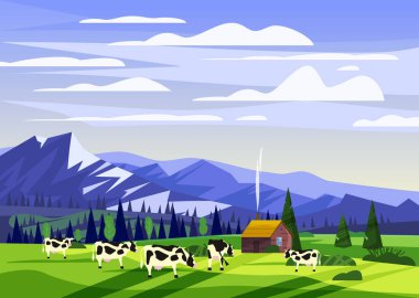 Güzel kırsal yaz manzara, vadisi kırsal çiftlik evi sürü, yeşil tepeler, dağ, parlak renk mavi gökyüzü, trendy karikatür düz tarzı dağlar panorama ufuk çayırları ve