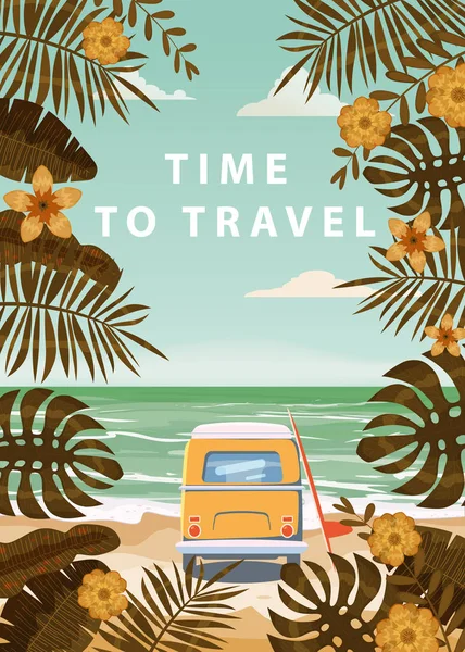 Temps de voyager Vacances d'été paysage marin océan mer plage, côte, feuilles de palmier. Planche de surf bus, rétro, feuilles tropicales, palmiers, modèle, vecteur, bannière, affiche, illustration — Image vectorielle