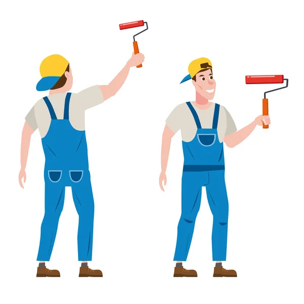 Pintor hombre pinta la pared está sosteniendo un rodillo de pintura en la mano, profesión, vista frontal y trasera, carácter, uniforme, cubo. Ilustración vectorial del estilo de diseño plano de dibujos animados, aislado — Vector de stock