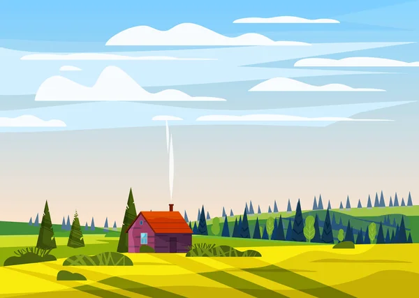 Beautiful countryside summer landscape, valley rural farm house, green hills, bright color blue sky, meadows with mountains panorama horizon in trendy cartoon flat style and bright colors. Vector