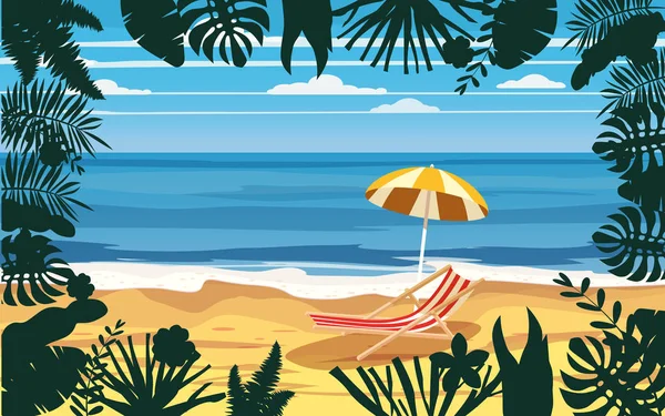 Летний отдых зонтик пляжное кресло морской пейзаж морской пляж, побережье, пальмовые листья. Листья, пальмы, искушение, вектор, знамя, плакат, иллюстрация, изоляция — стоковый вектор