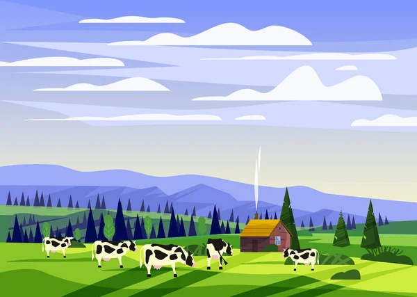 Paisaje hermoso paisaje de verano, manada de vacas valle granja rural casa, colinas verdes, montaña, cielo azul de color brillante, prados con montañas horizonte panorámico en estilo plano de dibujos animados de moda y — Vector de stock