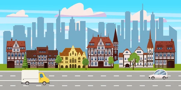 Панорамный вид, архитектура старинных зданий, силуэты небоскребов на заднем плане, автомобили на шоссе. Вектор, иллюстрация, мультфильм, изолированный — стоковый вектор