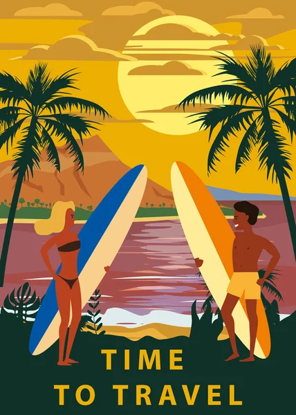 Surfeurs couple homme et femme sur la plage, coucher de soleil, côte, palmiers. Préparez-vous à surfer. Resort, tropiques, mer, océan. Vecteur, Isolé, Rétro, vintage, Affiche, Bannière — Image vectorielle