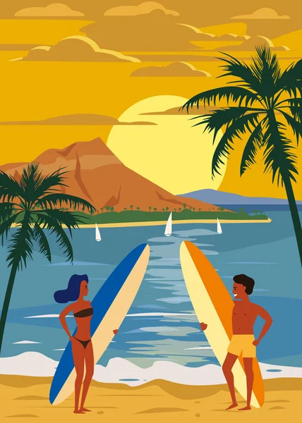 Surfeurs couple homme et femme sur la plage, coucher de soleil, côte, palmiers. Préparez-vous à surfer. Resort, tropiques, mer, océan. Vecteur, Isolé, Rétro, vintage, Affiche, Bannière — Image vectorielle