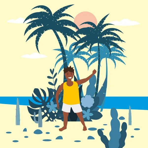 Copil băiat în pantaloni scurți și tricou pe fundalul plantelor exotice de mare de palmier, ocean, plajă. Trend desene animate moderne plate, vector, izolat, poster — Vector de stoc