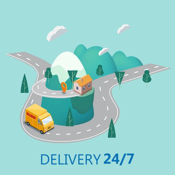 Delivery service concept, truck, van, landscape mountaince road, 3d vector isometric illustration, online order tracking, Concept Marketing. Vector, web banner, isolated, landing page, template, ui