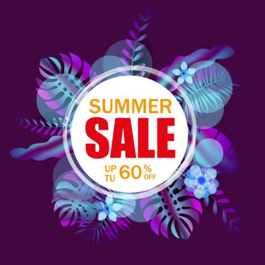 Yaz satışı banner, palmiye yaprakları ile poster, orman yaprağı, degrade holografik. Floral tropikal yaz arka plan. Vektör çizim şablonu