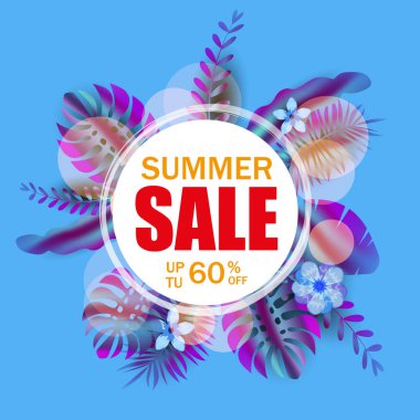 Yaz satışı banner, palmiye yaprakları ile poster, orman yaprağı, degrade holografik. Floral tropikal yaz arka plan. Vektör çizim şablonu