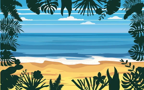 Zomer vakantie vakantie zeegezicht landschap Oceaan Zee strand, kust, Palm bladeren. Tropische bladeren, palmbomen, sjabloon, Vector, banner, poster, illustratie, geïsoleerd — Stockvector