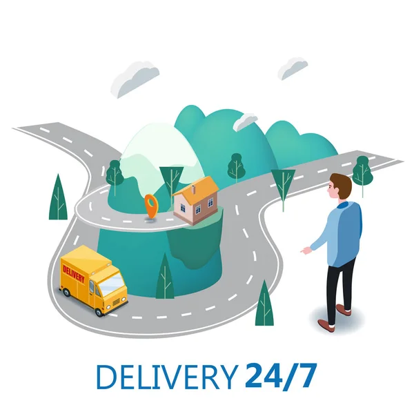 Delivery service concept, vrachtwagen, van, koper mannen, landschap bergen weg, 3D vector isometrische illustratie, online order tracking, concept marketing. Vector, web banner, geïsoleerd, landing page — Stockvector