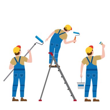 Set Painter proffessional karakterler adam iş başında. Üniformalı erkek ressamlar merdivenüzerinde boya rulo, fırça, boya kovası ile duvara boya uygularlar. Vektör, izole, karikatür tarzı