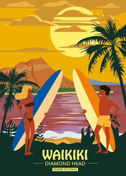 Surfistas casal homem e mulher na praia Waikiki, pôr do sol, costa, palmeiras. Prepara-te para surfar. Resort, trópicos, mar, oceano. Vetor, Isolado, Retro, vintage, Cartaz, Banner — Vetor de Stock