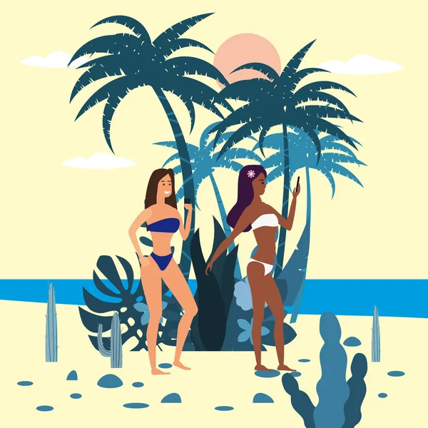 Personaje feminine cu smartphone-uri în bikini pe fundalul plantelor exotice de mare de palmier, ocean, plajă. Trend desene animate moderne plate, vector, izolat, poster — Vector de stoc