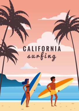 Sahilde sörfçü adam ve kadın çift, sahil, palmiye ağaçları. Sörf yapmaya hazır ol. Tatil, tropikal, deniz, okyanus. Vektör, yalıtılmış, düz stil, poster, banner