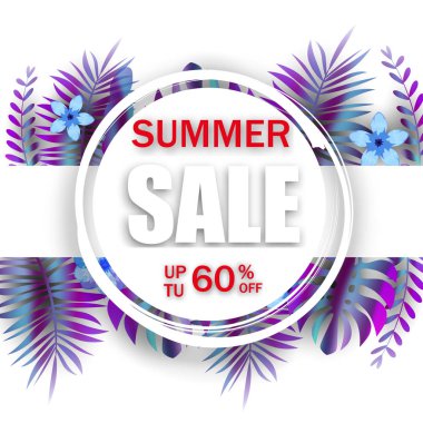 Yaz satış afiş şablon reklam promosyon satış Trend holografik tropikal bitki ile çiçek afiş arka plan, egzotik tasarım yaprakları. Tropikal bir zemin. Mevsimlik tasarımınız için promosyon rozeti
