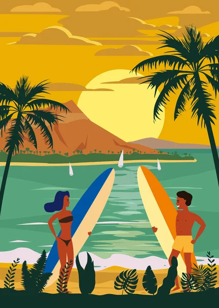 Surfistas homem e mulher casal na praia, pôr do sol, costa, palmeiras. Prepara-te para surfar. Resort, trópicos, mar, oceano. Vetor, Isolado, Retro, vintage, Cartaz, Banner — Vetor de Stock