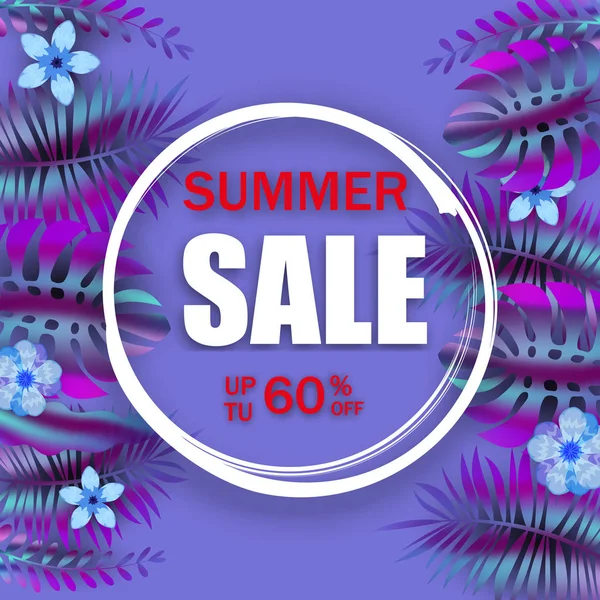 Sommer Werbevorlage Werbeverkauf florales Banner mit Trend holographische tropische Pflanze Blätter Hintergrund, exotisches Design. Vektor Discount Banner. Sommerzeit Kunst Design, Reisen, Banner — Stockvektor