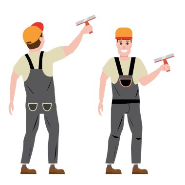 Master sıva duvar plasterer, Meslek, karakter, Üniforma, takım macun bıçağı. Ön ve arka görünüm. Vektör Illustration karikatür düz tasarım tarzı, izole