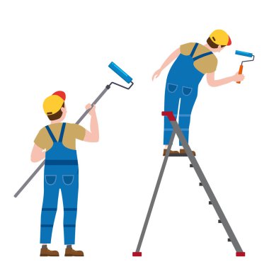 Set Painter profesyonel karakterler adam iş yerinde. Üniformalı erkek ressamlar boya silindir, boya kova ile duvara boya uygulayarak, merdiven üzerinde. Vektör, izole, karikatür tarzı