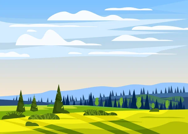 Beautiful countryside summer landscape, valley rural farm house, green hills, bright color blue sky, meadows with mountains panorama horizon in trendy cartoon flat style and bright colors. Vector