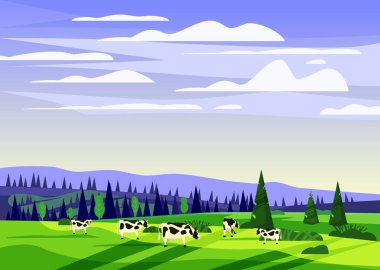 Güzel kırsal yaz manzara, inekler Vadisi kırsal çiftlik evi, yeşil tepeler, parlak renk mavi gökyüzü, dağlar panoraması ile çayırlar şık karikatür düz tarzı ve parlak renkler ufuk