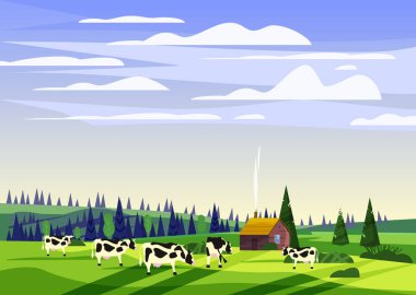 Güzel kırsal yaz manzara, inekler Vadisi kırsal çiftlik evi, yeşil tepeler, parlak renk mavi gökyüzü, dağlar panoraması ile çayırlar şık karikatür düz tarzı ve parlak renkler ufuk