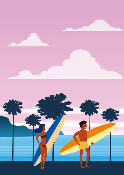 Surfistas hombre y mujer en la playa, costa, palmeras. Resort, trópicos, mar, océano. Vector, Aislado, Estilo plano, Póster, Banner — Vector de stock