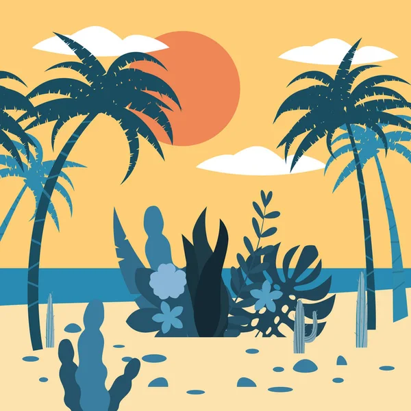 Tájképi naplemente trópusokon egzotikus növény növények, pálmafák, levelek, kaktuszok. Trend flotta rajzfilm stílus, vektor, illusztráció, elszigetelt, banner, plakát, képeslap, sablon — Stock Vector