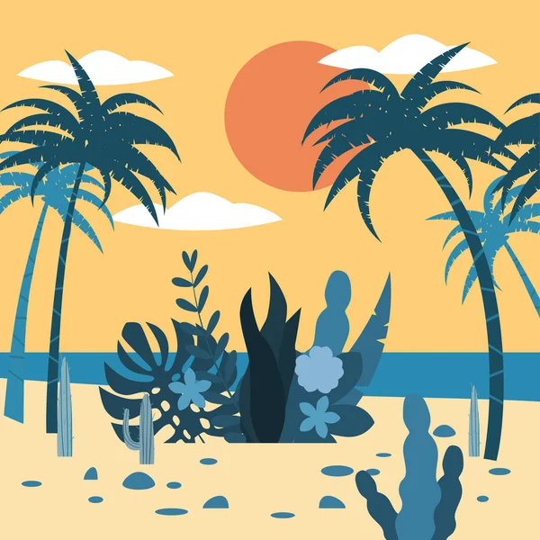 Paysage coucher de soleil tropiques flore exotique plantes, palmiers, feuilles, cactus. Parc de tendance Cartoon Style, Vecteur, Illustration, Isolé, Bannière, Affiche, Carte postale, Modèle — Image vectorielle