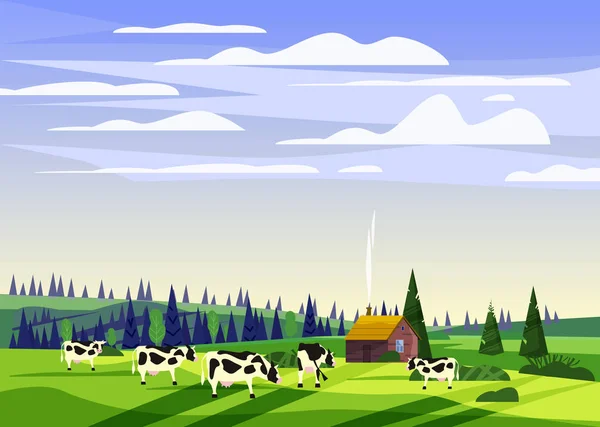 Beau paysage d'été de campagne, troupeau de vaches vallée ferme rurale, collines verdoyantes, ciel bleu vif, prairies avec horizon de panorama de montagnes dans le style plat de dessin animé à la mode et couleurs vives — Image vectorielle