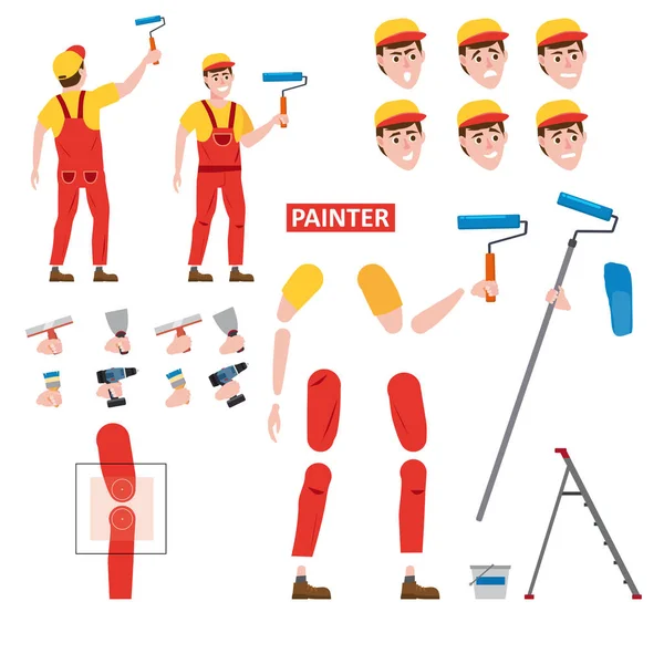 Painter profession worker character for animation. Front and back view. Collection of male cartoon character body parts, facial expressions, gestures, clothes, working tools isolated on white