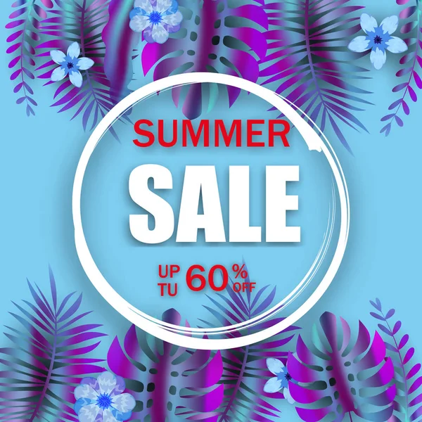 Sommer Werbevorlage Werbeverkauf florales Banner mit Trend holographische tropische Pflanze Blätter Hintergrund, exotisches Design. Vektor Discount Banner. Sommerzeit Kunst Design, Reisen, Banner — Stockvektor