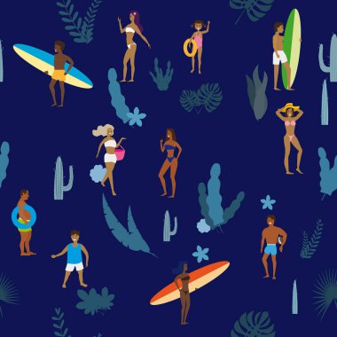 Summertime Dikişsiz desen. İnsanlar sahilde eğlenmek, rahatlatıcı ve plaj yaz açık hava etkinlikleri performans-güneş, yürüyüş, sörf tahtası, deniz, okyanus yüzme, taşıma. Egzotik bitkiler