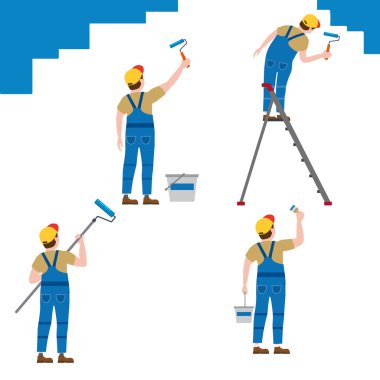 Set Painter proffessional karakterler adam iş başında. Üniformalı erkek ressamlar merdivenüzerinde boya rulo, fırça, boya kovası ile duvara boya uygularlar. Vektör, izole, karikatür tarzı