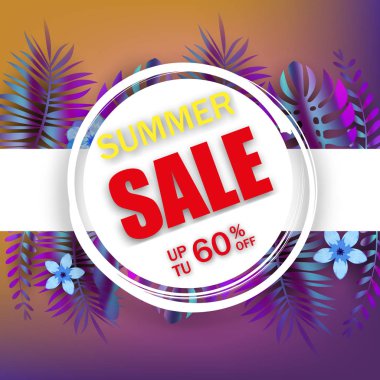 Yaz satış afiş şablon reklam promosyon satış Trend holografik tropikal bitki ile çiçek afiş arka plan, egzotik tasarım yaprakları. Tropikal bir zemin. Mevsimlik tasarımınız için promosyon rozeti