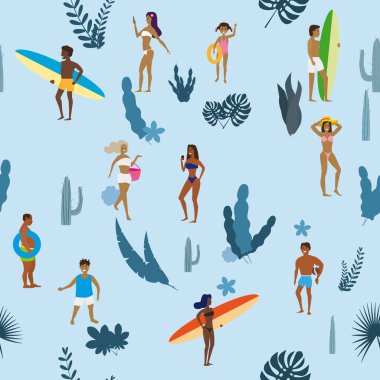 Summertime Dikişsiz desen. İnsanlar sahilde eğlenmek, rahatlatıcı ve plaj yaz açık hava etkinlikleri performans-güneş, yürüyüş, sörf tahtası, deniz, okyanus yüzme, taşıma. Egzotik bitkiler