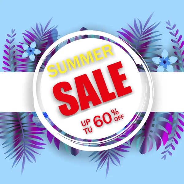 Summer sale banner template advertising promotional sale floral banner with trend holographic tropical plant leaves background, exotic design. Tropical backdrop. Promo badge for your seasonal design — Stock Vector