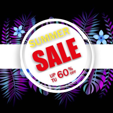Yaz satış afiş şablon reklam promosyon satış Trend holografik tropikal bitki ile çiçek afiş arka plan, egzotik tasarım yaprakları. Tropikal bir zemin. Mevsimlik tasarımınız için promosyon rozeti