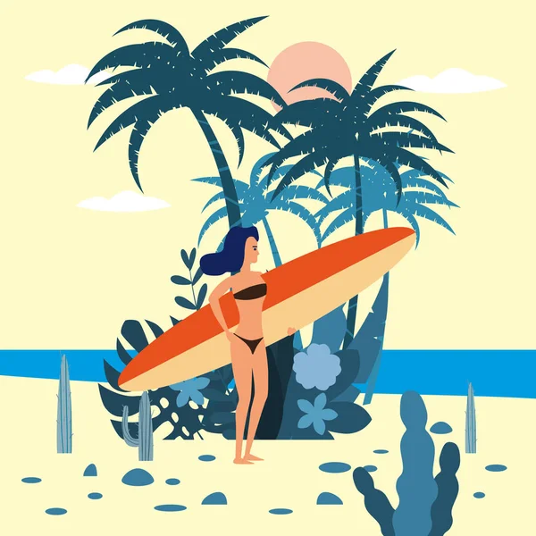 Femei surfer caracter cu surfboard în bikini pe fundalul plantelor exotice de palmier mare, ocean, plajă. Trend desene animate moderne plate, vector, izolat, poster — Vector de stoc