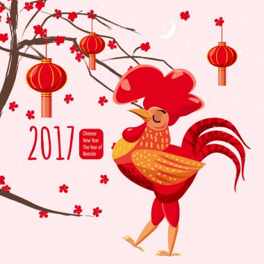 Çin yeni yıl, horoz, arka plan Çin manzara, dağlar deniz, tekneler, çiçekli ağaç, fenerler, karikatür tarzı, tasarım bir poster, tebrik kartı, vektör illüstrasyon