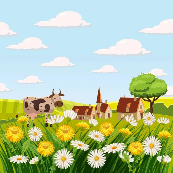 Paysage printanier frais, ferme, vaches, champs, prairies, marguerites et pissenlits, herbe, salutation, isolé, Caricature, illustration vectorielle — Image vectorielle