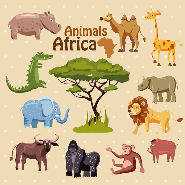 Animals of Africa, rhino, lion, boar, monkey, gorilla, buffalo, elephant, crocodile, hippo, camel, giraffe, Cartoon style, vector illustration