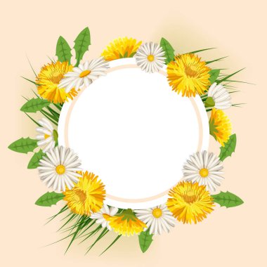 Çim, karahindiba ve papatyalar ile taze bahar arka plan. Vektör, poster, şablon