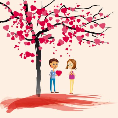 Kartpostal Sevgililer Günü, iki karakter, erkek kalpleri, aşk, Karikatür tarzı, vektör illüstrasyon bir çiçek ağacıaltında, bir kız kalp verir
