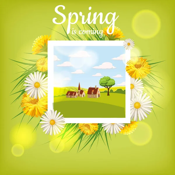 Card, farm, cow. Landscape countryside, spring flowers, dandelions, chamomiles, cartoon style, isolated, vector, illustration — Stock Vector