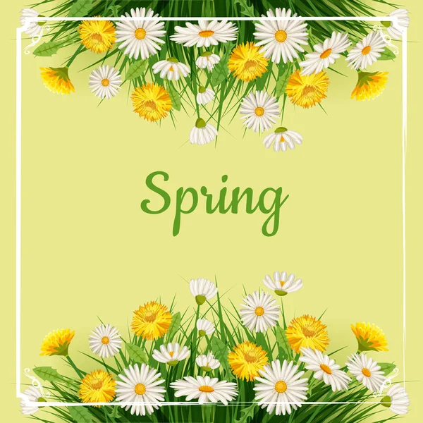 Frischer Frühlingshintergrund mit Gras, Löwenzahn und Gänseblümchen. Vektor, Plakat, Vorlage — Stockvektor