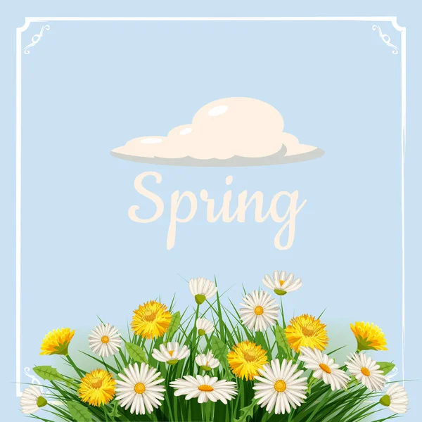 Свежий весенний фон с травой, одуванчиками и маргаритками. Вектор, плакат, шаблон — стоковый вектор