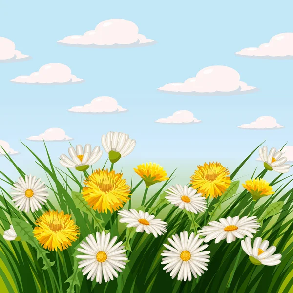 Свежий весенний фон с травой, одуванчиками и маргаритками. Вектор, плакат, шаблон — стоковый вектор