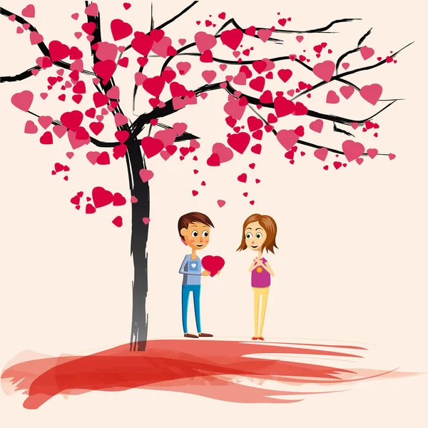 Carte postale Saint Valentin, deux personnages, le garçon donne le cœur à une fille, sous un arbre florissant de cœurs, amour, Cartoon style, illustration vectorielle — Image vectorielle